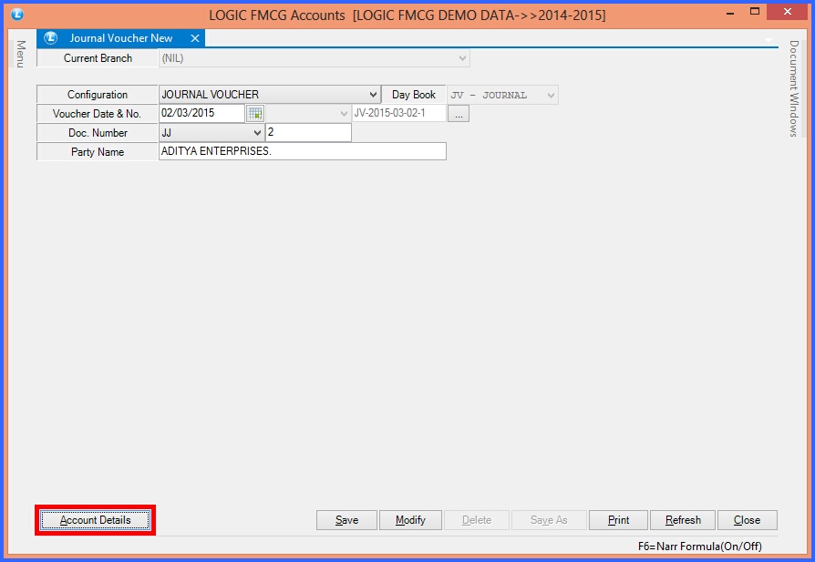 fmcg journal voucher header details